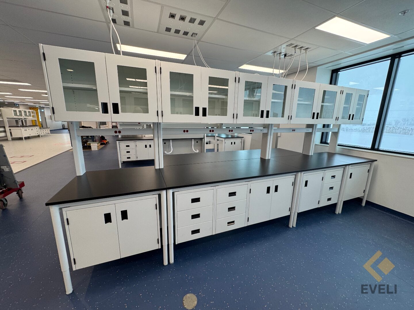 Îlot de laboratoire avec comptoirs et armoires suspendues